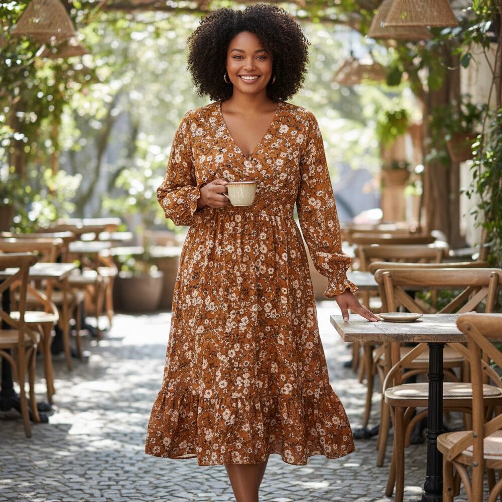 NY Collection Long Sleeve Midi Dress Plus Size 2X Flower Floral Yellow Feminine